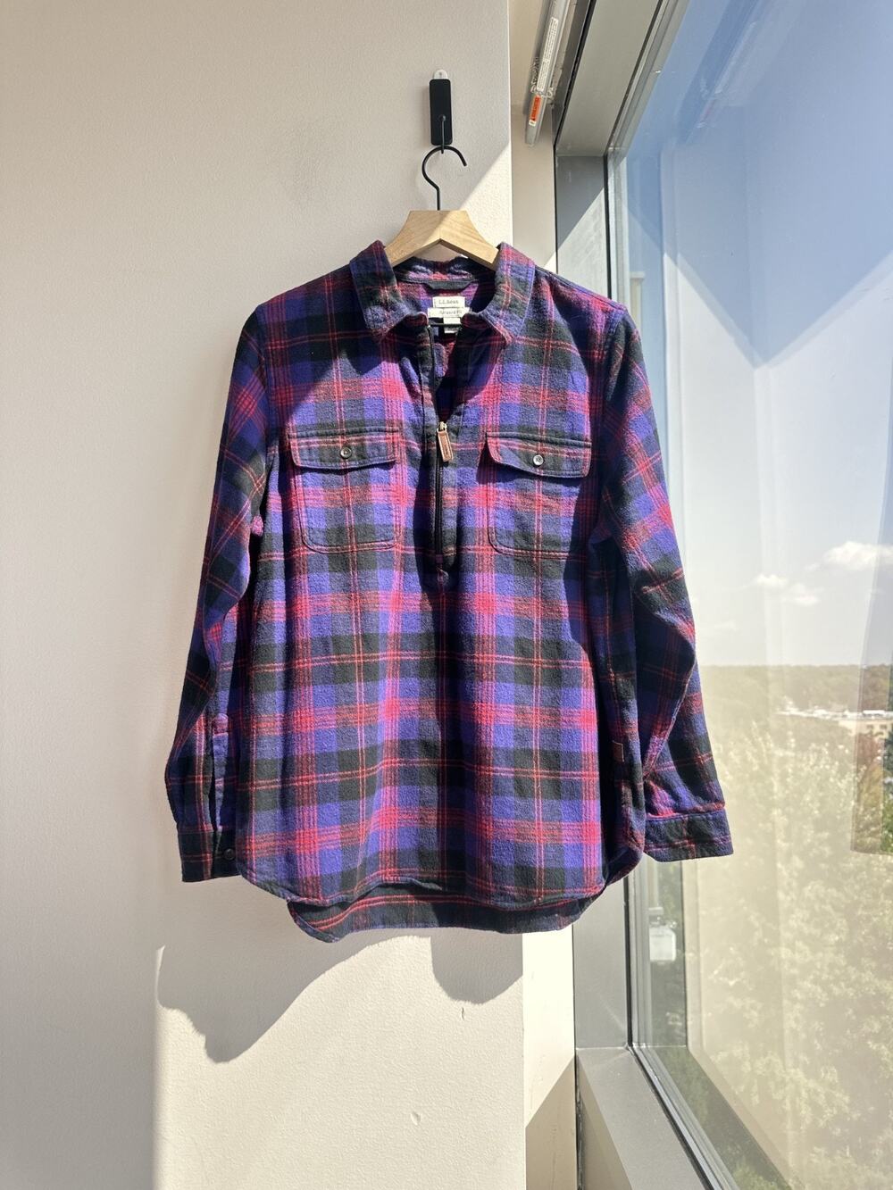 L.L.Bean Women 100% Cotton Purple Red Plaid Quarter-Zip Flannel Shirt Sz L